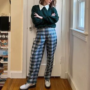 Urban Outfitters XS Plaid Pleated Pants Green White Red Blue Tartan Pleat Front
